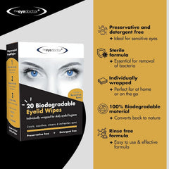 The Eye Doctor eyelid wipe individual packet shown for on-the-go cleansing convenience.