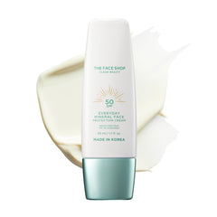 The Face Shop Everyday Mineral Sunscreen bottle shows reef-friendly, fragrance-free protection.