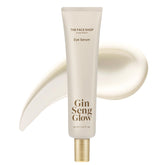 The Face Shop Ginseng Glow Eye Serum bottle closeup highlighting hydrating under-eye skin.