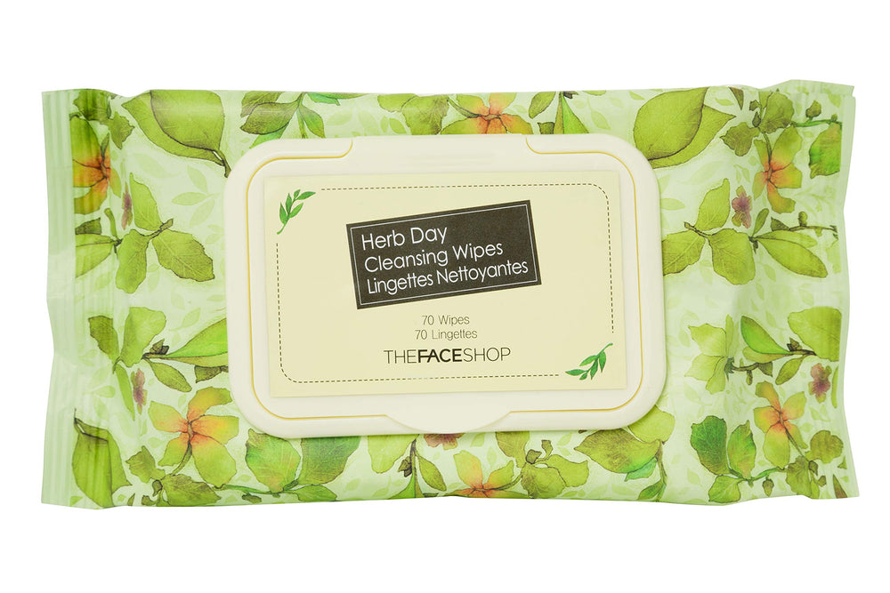 The Face Shop Herb Day 365 cleansing wipes package demonstrates gentle makeup removal and refreshing skin.