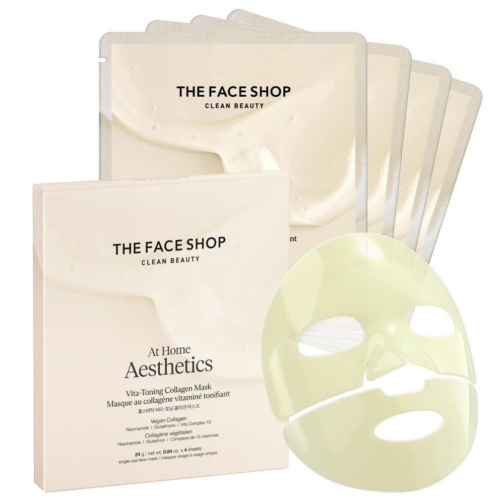The Face Shop Vita-Toning vegan collagen mask packaging highlighting fragrance-free gentle care