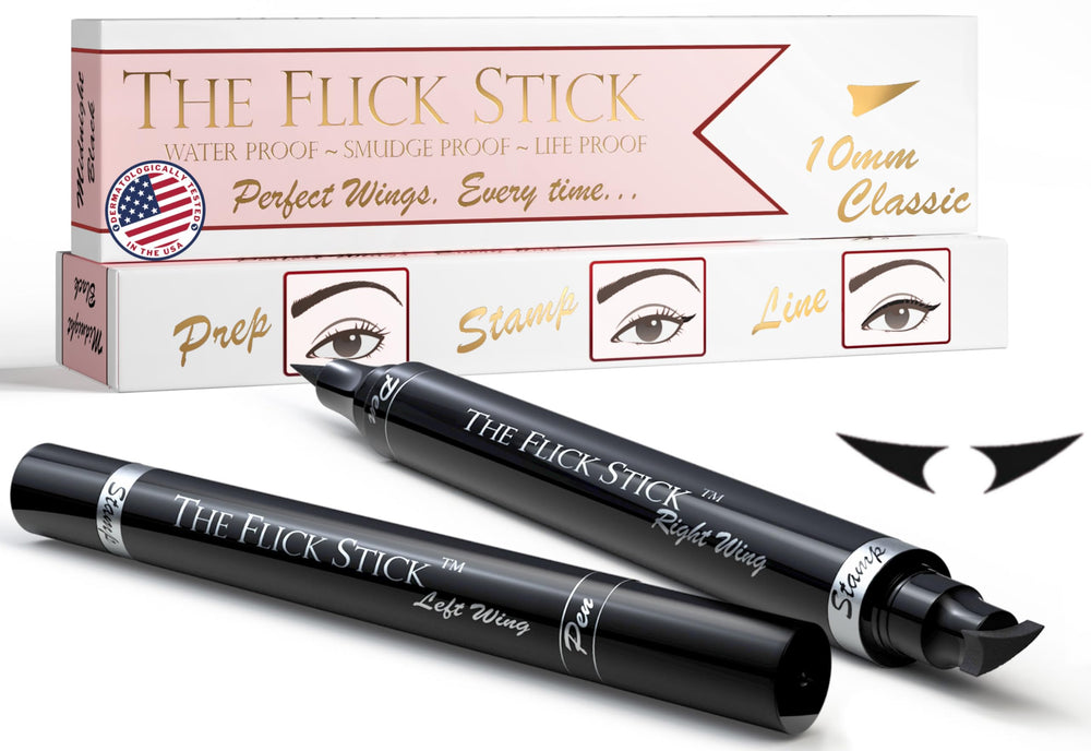 The Flick Stick winged eyeliner stamp setup for quick wings