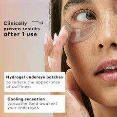 The Good Patch de-puff eye patches showing caffeine and aloe hydration boost.