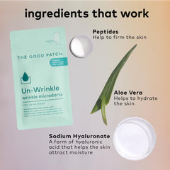 The Good Patch ingredients list visible—sodium hyaluronate and aloe support hydration during wear.