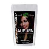 The Henna Guys auburn hair color 100g package showcases natural shade delivery.