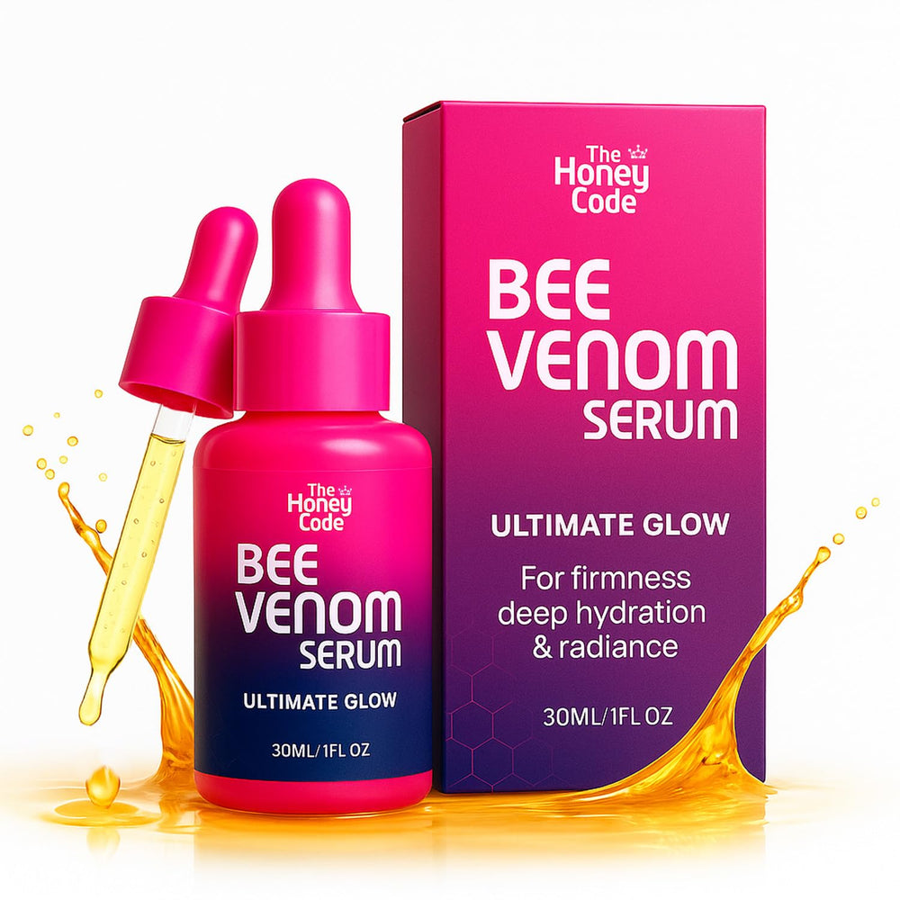 The Honey Code Bee Venom Serum bottle close-up highlighting hydration for radiant skin.