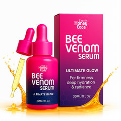 The Honey Code Bee Venom Serum bottle close-up highlighting hydration for radiant skin.