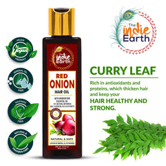 The Indie Earth herbal oil blend in amber bottle highlights 29+ herbs for scalp nourishment.