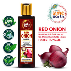 The Indie Earth Red Onion Hair Growth Oil dropper emphasizes precise nightly application.