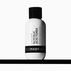 The INKEY List glycolic toner bottle shows pore refining and brightening in action