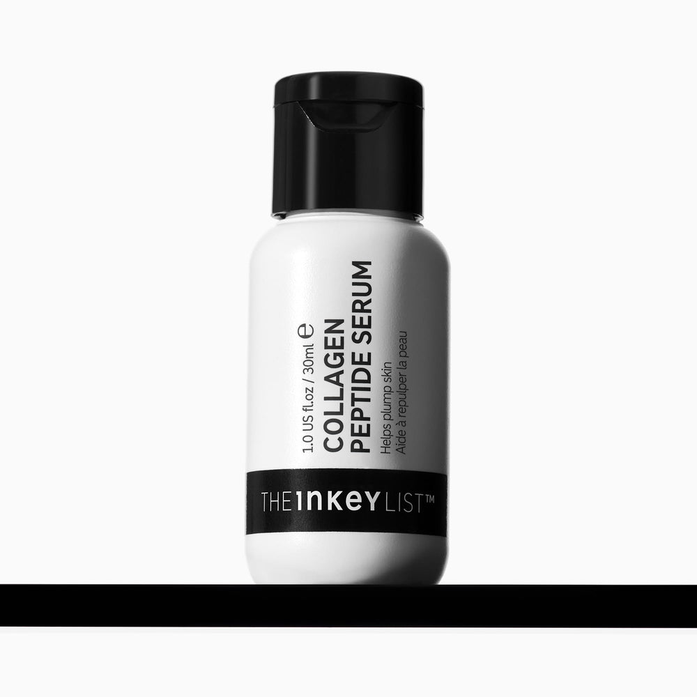 The INKEY List Collagen Peptide Serum bottle close-up shows fragrance-free formula for firmer-looking skin.