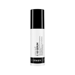 The INKEY List C-50 serum bottle close-up demonstrates fragrance-free pore care.