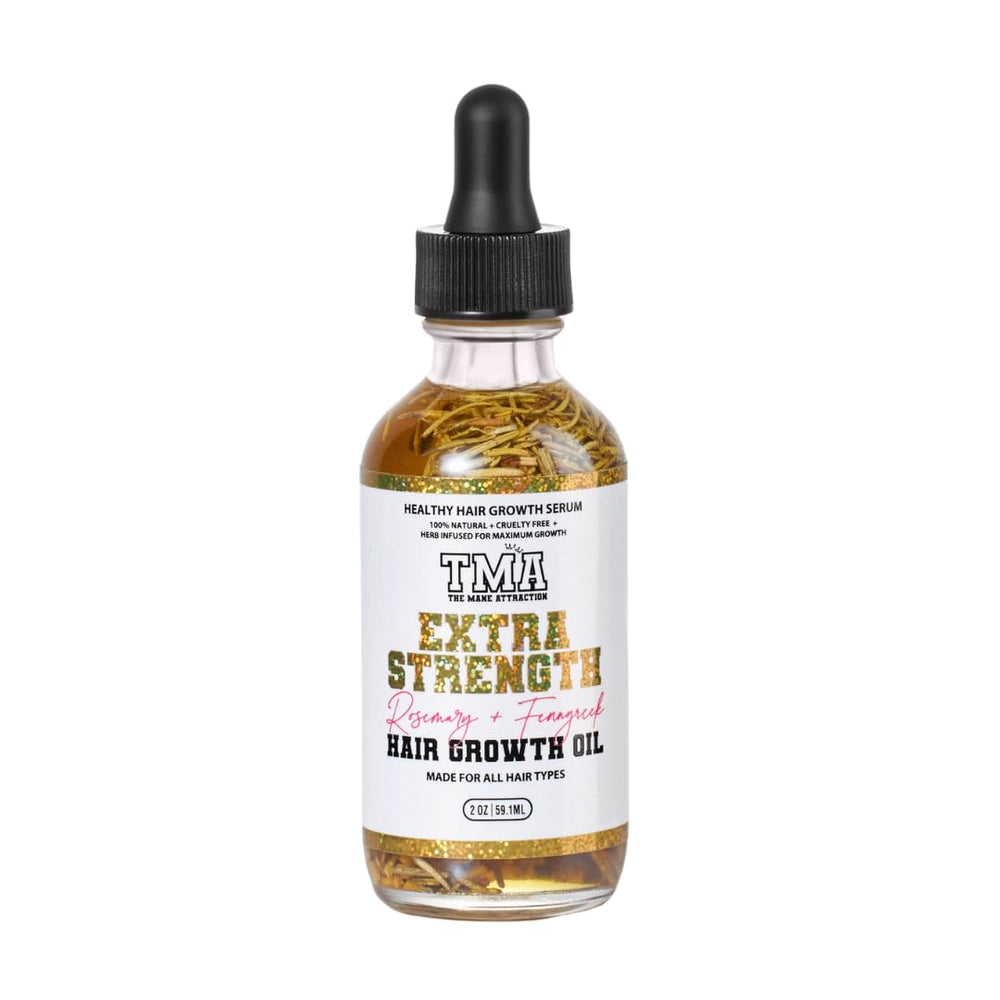 The Mane Attraction extra-strength rosemary-fenugreek oil bottle shows scalp nourishment.