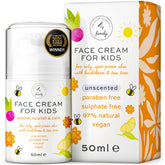 The Natural and Organic Family kids face cream jar closeup showing calming texture for sensitive skin care