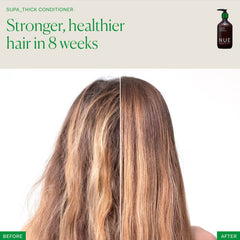 The Nue Co Vitamin B5 action image highlights conditioning support for glossy strands.