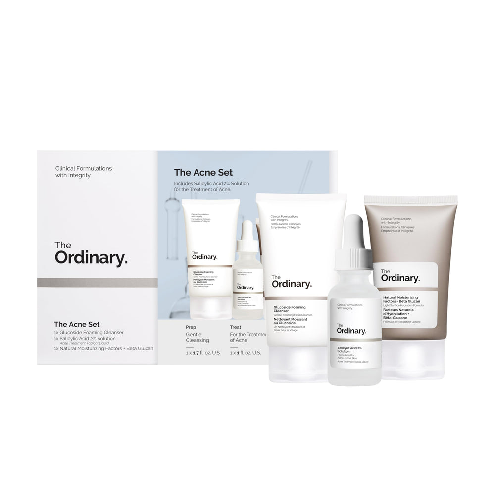 The Ordinary acne set front packaging showing three bottles for a clear-routine benefit