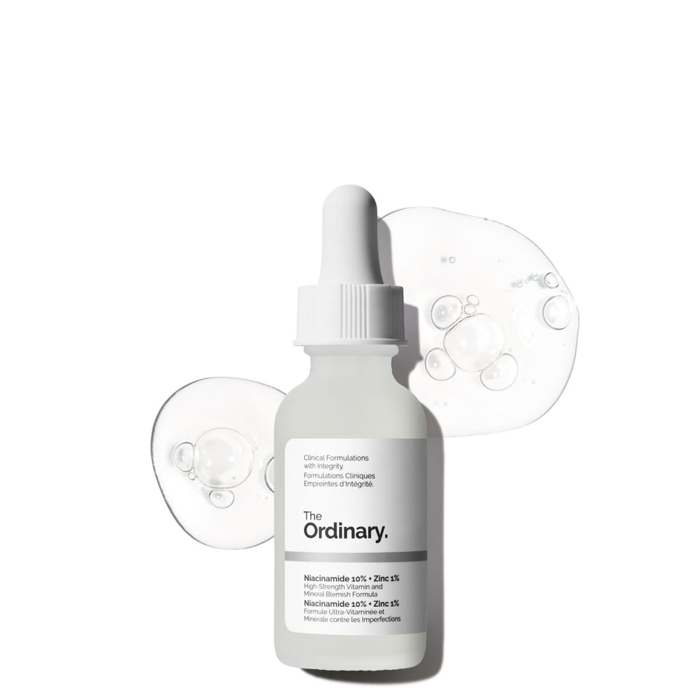 The Ordinary front packaging showing niacinamide 10% zinc 1% offering brightening benefits