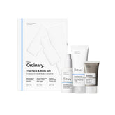 The Ordinary front packaging showing the full face and body set and clear labeling for easy selection