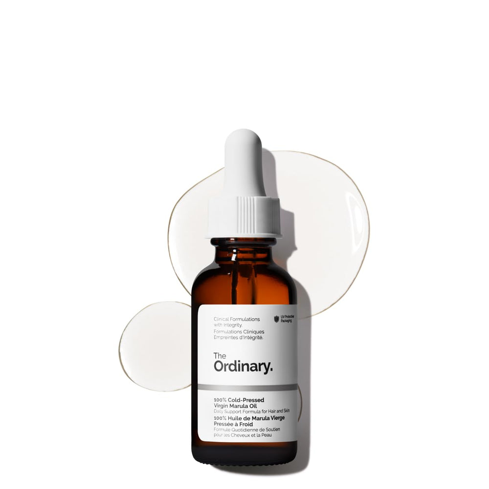 The Ordinary marula oil front bottle showing packaging and pure formula benefit