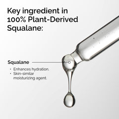 The Ordinary squalane dropper closeup dispensing clear oil, highlights precise application