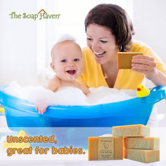 The Soap Haven goat milk honey bar cut-open reveals creamy interior for mild cleansing.