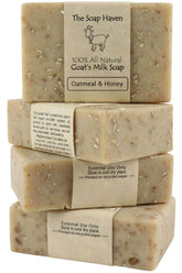The Soap Haven Oatmeal Soap bar unwrap shows creamy daily cleansing.
