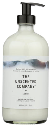 The Unscented Company unscented lotion bottle front shows fragrance-free hydration for sensitive skin.