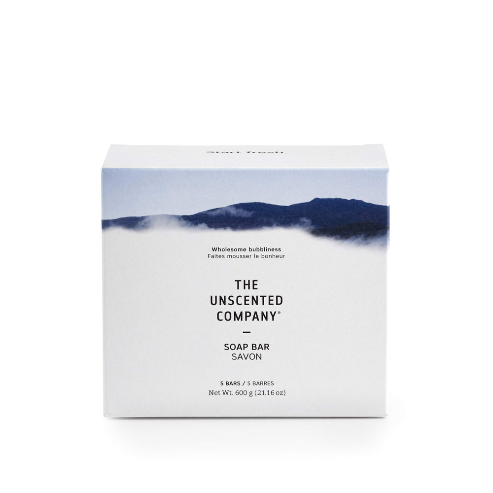The Unscented Company unscented soap bar 5-count pack offers gentle daily cleanse for sensitive skin.