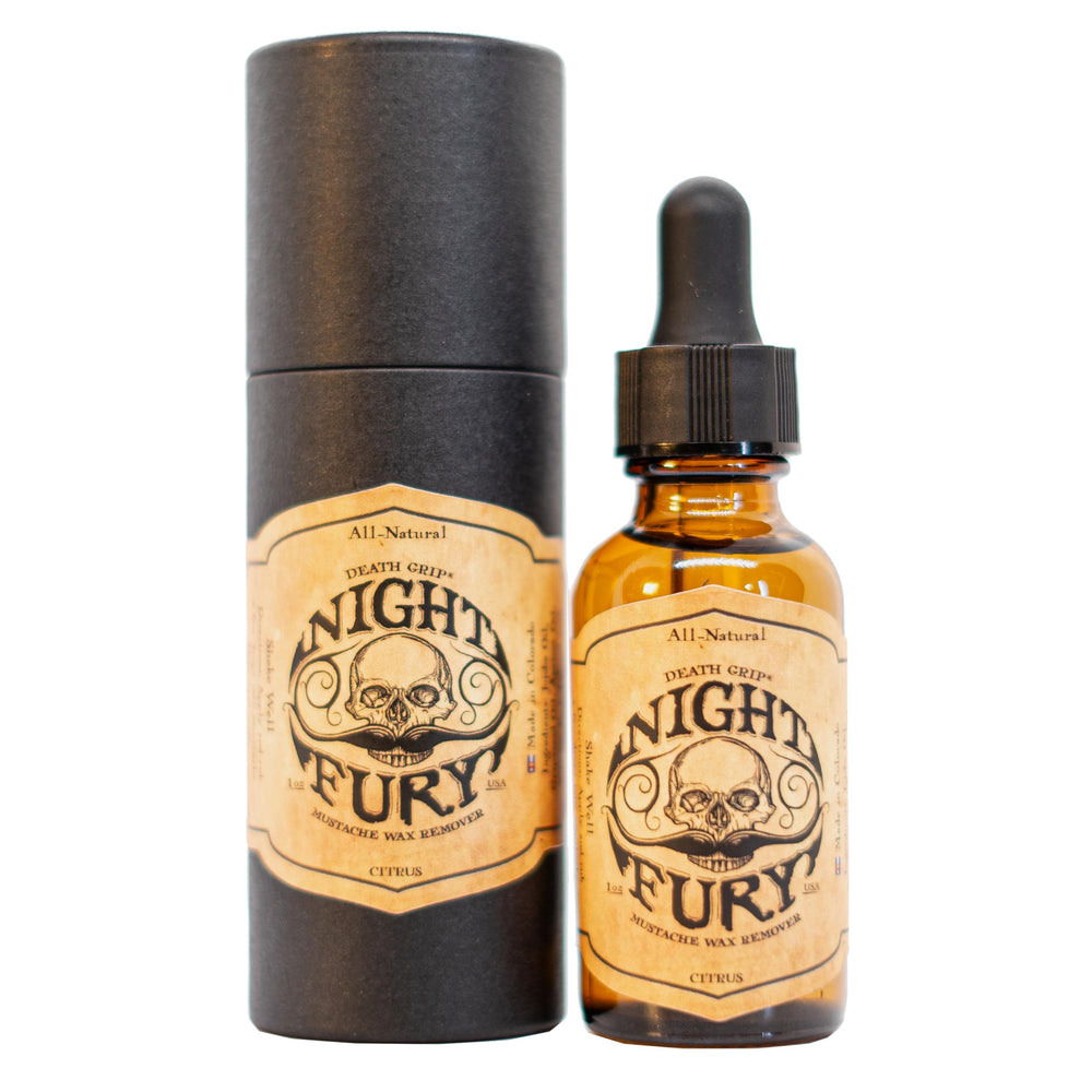 The Vintage Grooming Co. Night Fury Oil bottle for easy wax removal.
