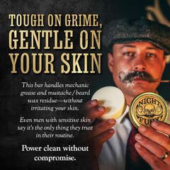 Night Fury shampoo bar wet-hands shot by The Vintage Grooming Co. shows easy beard application.