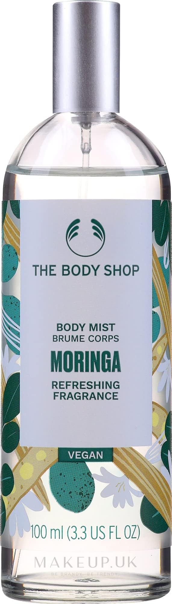 The Body Shop Moringa Body Mist bottle front view, delivers light floral fragrance for daily freshness.