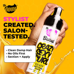 The Doux Honey Foam curl-definition close-up shows defined curls and glossy shine.