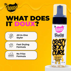 The Doux Honey Foam texture close-up emphasizes lightweight hold and hydration.