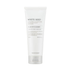 The Face Shop bottle close-up of White Seed Exfoliating Cleansing Foam highlighting gentle cleansing.