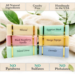 Palette of Island Citrus to Lavender showcasing mood-enhancing scents from The Grecian Soap Company.