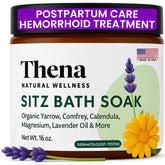 THENA Sitz Bath soak bottle with lavender-infused epsom salts for soothing relief.