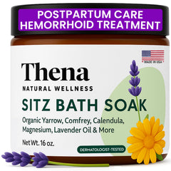 THENA Sitz Bath soak bottle with lavender-infused epsom salts for soothing relief.