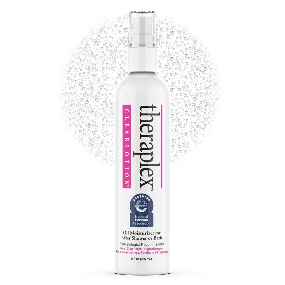 Theraplex Clear Lotion Spray bottle shows light, fast-absorbing hydration for sensitive skin.