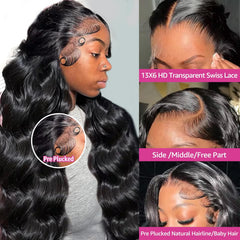 THGF pre-plucked 30-inch body wave wig shows seamless part and realistic scalp.
