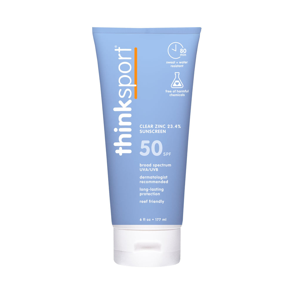Thinksport sunscreen bottle 6oz for reliable UV protection during outdoor activities.