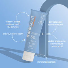 Thinksport sunscreen spread on hand demonstrates easy, fast-absorbing application.