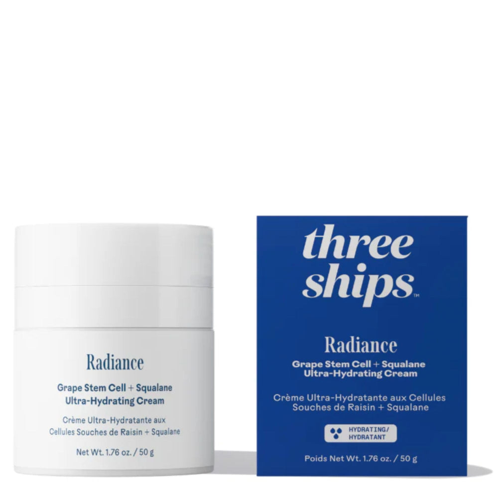 Three Ships Radiance cream bottle close-up showing fast-absorbing hydration.