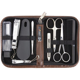 Three Swords Germany brown synthetic leather manicure case keeps tools organized for travel.