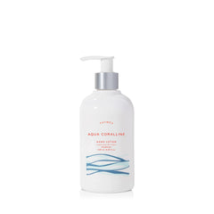 Thymes Aqua Coralline hand lotion silver pump front view highlights glossy packaging and moisturizing action