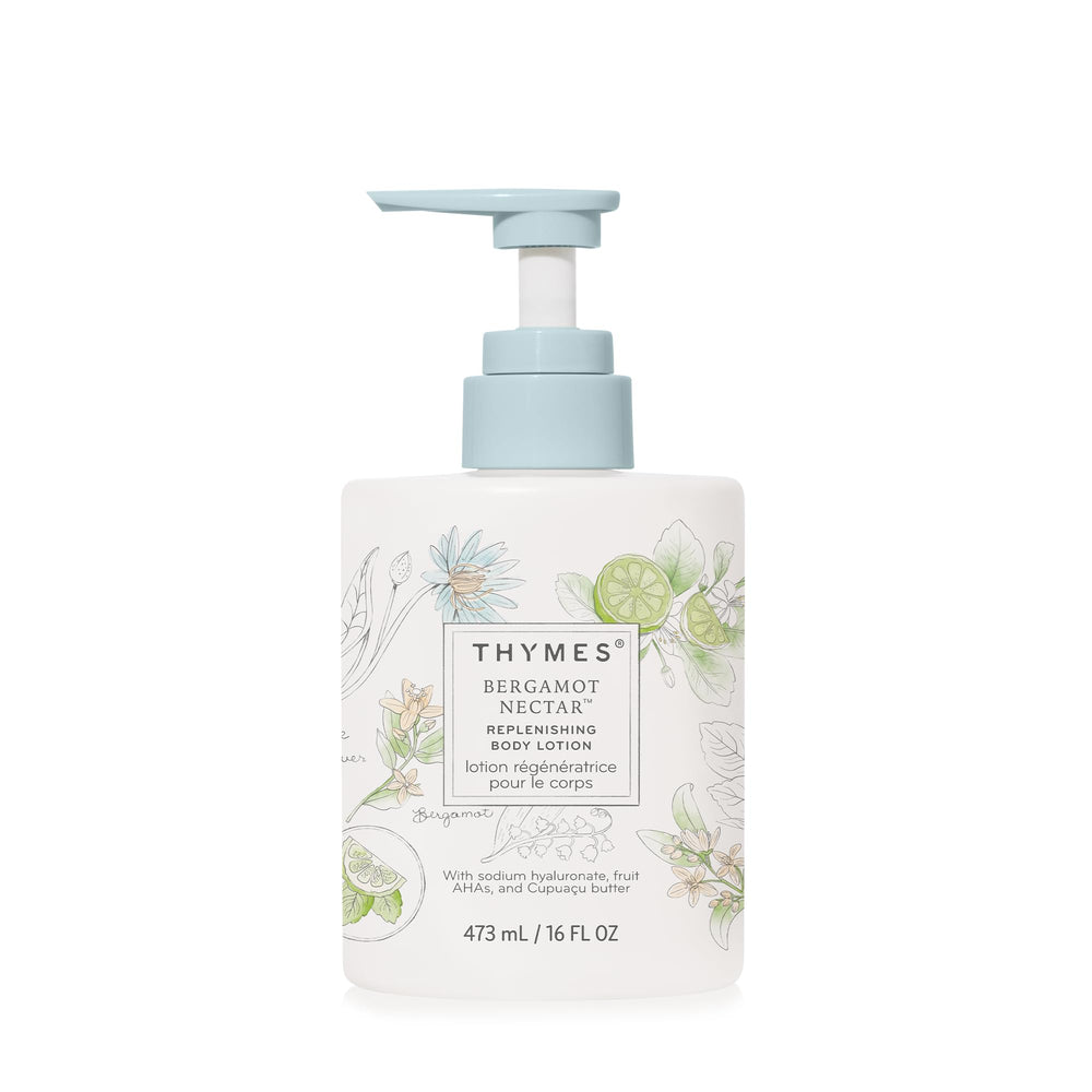 Thymes Bergamot Nectar lotion pump bottle for quick daily hydration and bright fragrance.
