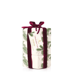 Thymes Frasier Fir bar soap trio pack showing three triple-milled bars for creamy cleanse and gentle exfoliation