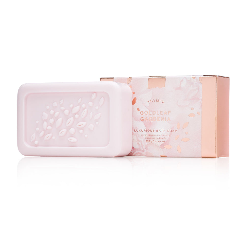 Thymes Goldleaf Gardenia bath soap with rich lather for soft skin