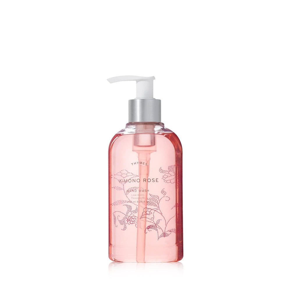 Thymes Kimono Rose hand wash bottle with pump for a hydrating cleansing ritual.