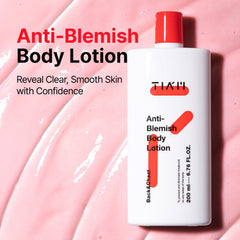 TIA'M Anti-Blemish Body Lotion texture image highlights smooth, milky formula.