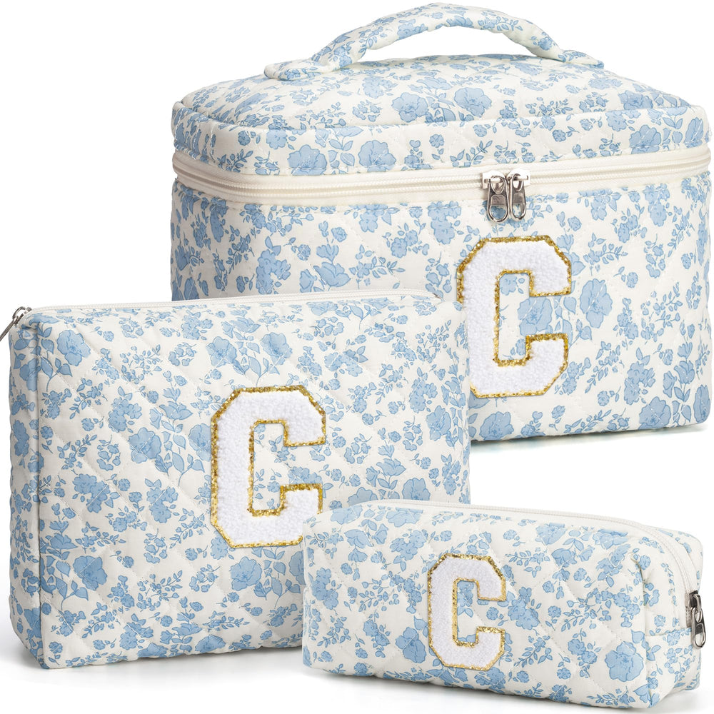 Tiblue initial makeup bag with floral quilted design for organized vanity storage.